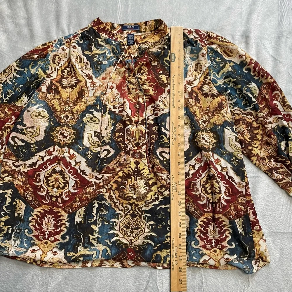 Chaps Blouse 2X Womens Paisley Multi Boho Semi-sheer Tie Neck - Picture 4 of 8
